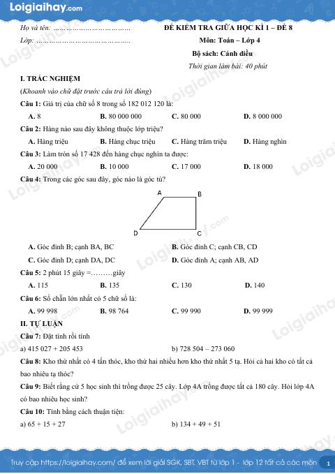 Đề kiểm tra giữa học kì 1 Toán 4 Cánh diều - Đề số 8